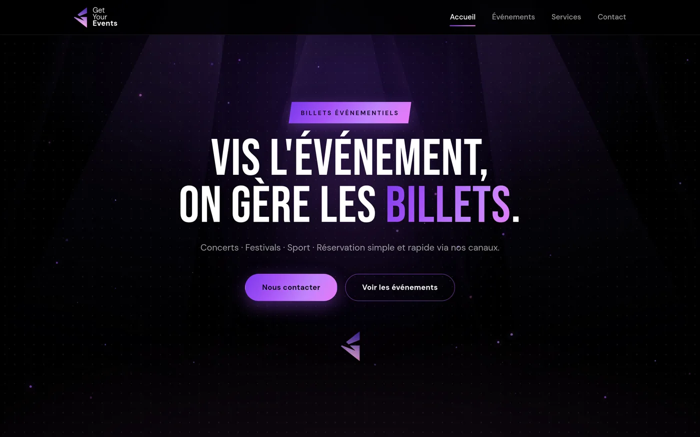 Page d’accueil du site GetYourEvents, billetterie événementielle
